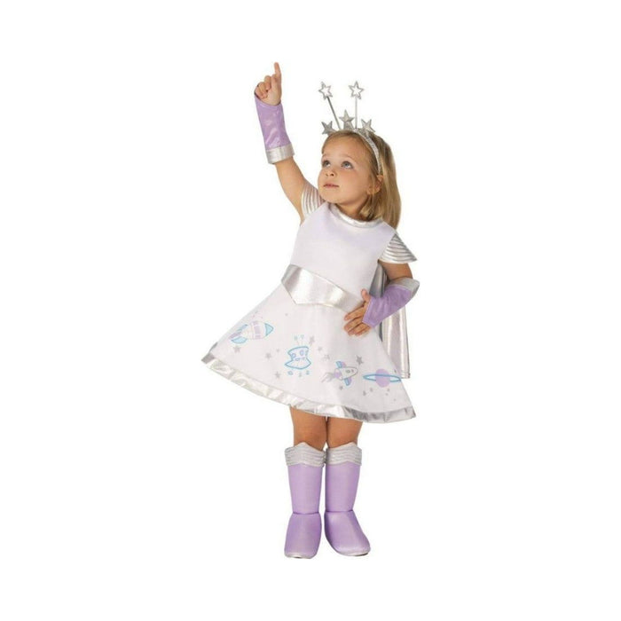 Disfraz Estelar para bebé niña, vestido blanco con estampado espacial, cinturón plateado, mangas y cubrebotas lilas