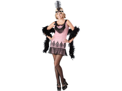 Disfraz flapper años 20, vestido rosado con flecos y cintillo con pluma