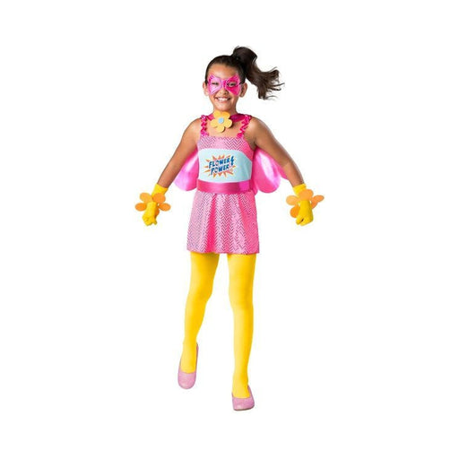 Disfraz Flower Power para niña, vestido rosado con estampado Flower Power, capa rosada, guantes y calzas amarillas y antifaz rosado