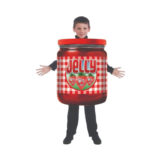 Niño con disfraz de frasco de mermelada de frutilla con etiqueta Jelly
