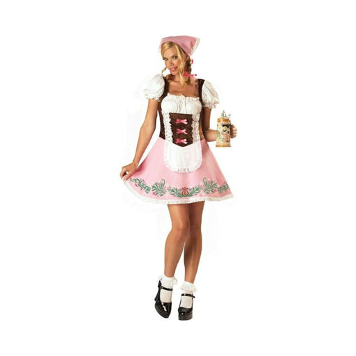 Disfraz fräulein Oktoberfest para mujer, vestido rosado con pechera café tipo corset, delantal blanco y pañuelo rosado