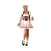 Disfraz fräulein Oktoberfest para mujer, vestido rosado con pechera café tipo corset, delantal blanco y pañuelo rosado