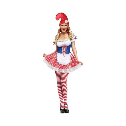 Disfraz gnomo sexy para mujer, vestido rojo con lunares blancos, faja azul, medias a rayas rojas y blancas y gorro rojo de gnomo