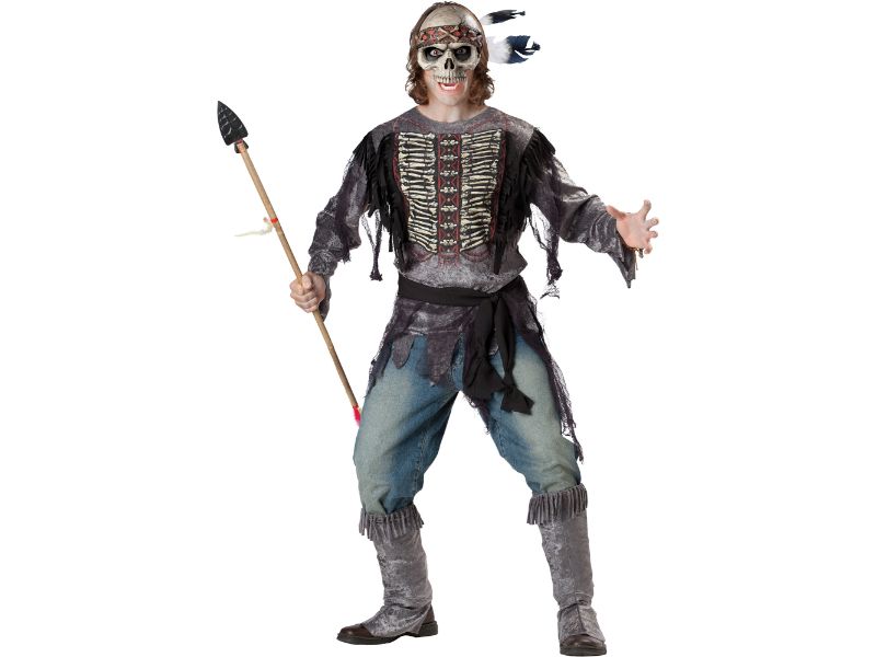 Disfraz guerrero espiritual esqueleto para hombre, túnica gris con pechera de huesos, máscara de calavera con plumas y cubrebotas