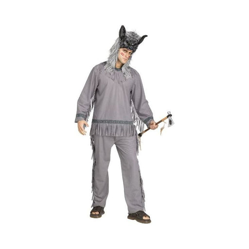 Disfraz guerrero lobo para hombre, polera y pantalón grises con flecos y capucha de lobo