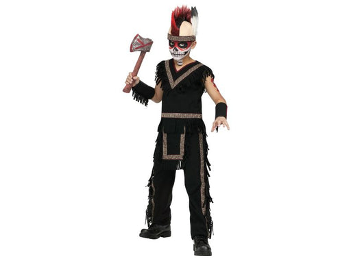 Disfraz guerrero mohicano para niño, polera y pantalones negros con flecos y guarda, mangas y gorro mohicano con cintillo