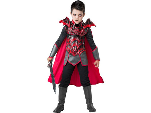 Disfraz guerrero vampiro para niño, túnica negra con pechera roja y plateada, guanteletes y capa roja