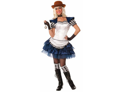 Disfraz Hada Alice steampunk para mujer, falda azul con tul, corpiño blanco con delantal y mangas a rayas