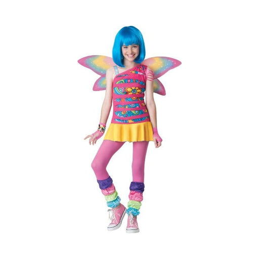 Disfraz de hada arcoíris para niña, vestido de un hombro estampado con falda amarilla, alas de colores y calentadores de piernas