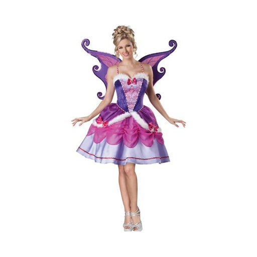 Disfraz hada del ciruelo para mujer, vestido morado y rosado con ribete blanco y alas de hada moradas