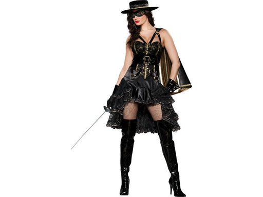 Disfraz hermosa bandida para mujer, vestido negro con encaje dorado, capa, sombrero y antifaz