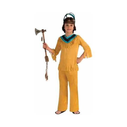 Disfraz de indiecito para niño, camisa y pantalón color ocre con flecos y cuello turquesa
