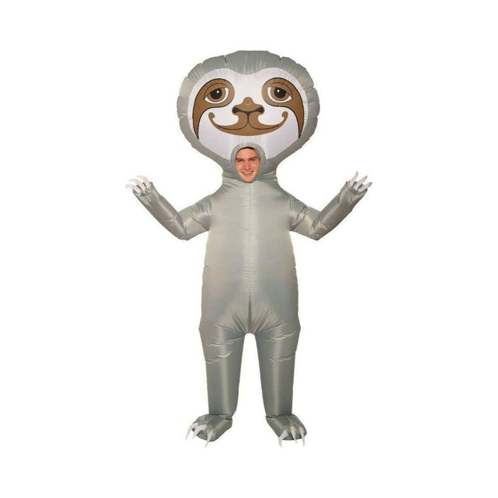 Disfraz inflable de perezoso para adulto, traje gris con cabeza grande de cara estampada y garras blancas