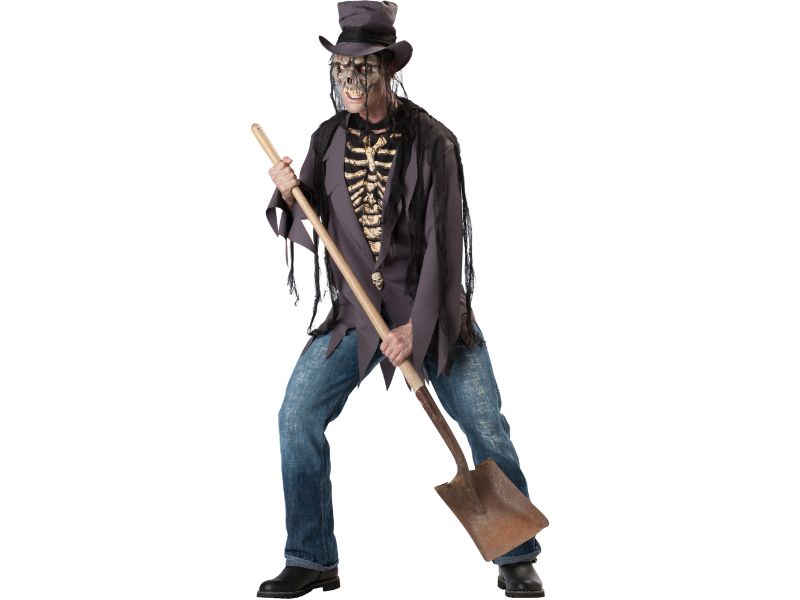 Disfraz Ladrón de Tumbas para hombre, chaqueta gris rasgada con pechera de esqueleto, sombrero de copa y máscara de calavera