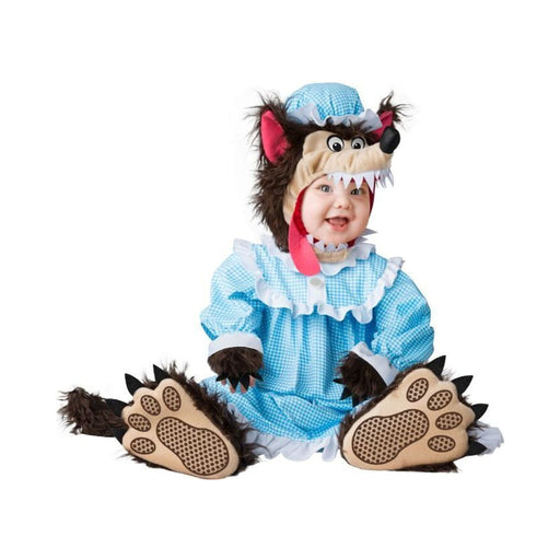 Disfraz Lil Lobo para bebé, camisón celeste a cuadros, capucha de lobo con gorro de abuelita y patas de peluche