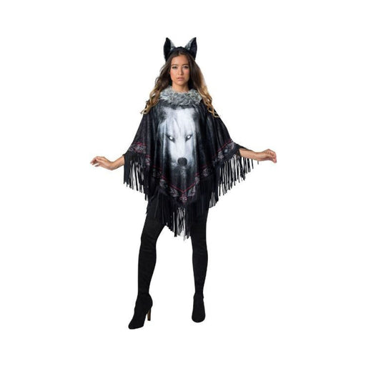 Disfraz Lobo Solitario para mujer, poncho negro con estampado de lobo y flecos, cuello de piel sintética y orejas de lobo