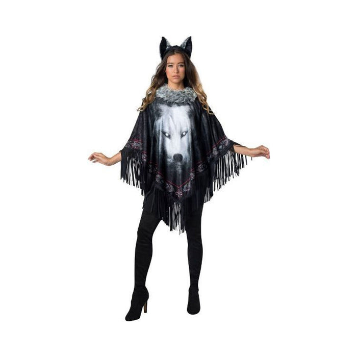 Disfraz Lobo Solitario para mujer, poncho negro con estampado de lobo y flecos, cuello de piel sintética y orejas de lobo