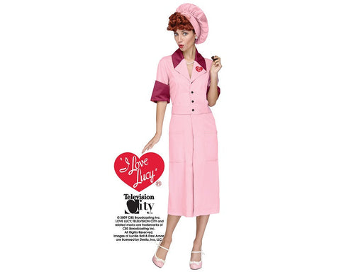 Disfraz Lucy Candy Factory para mujer, vestido rosado de uniforme con cuello burdeo y gorro rosado