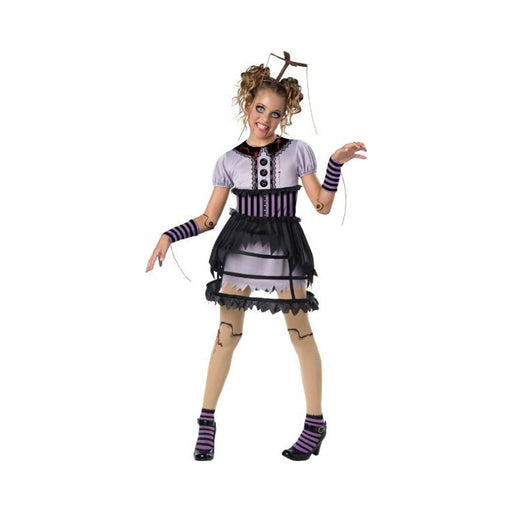 Disfraz Marioneta Fracturada para niña, vestido lila con enagua de aros, guantes rayados con hilos y panties con articulaciones