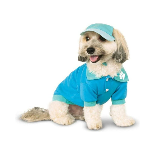 Perro con disfraz de jugador de golf, polera tipo polo celeste y jockey celeste