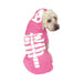 Perro con polerón rosado con capucha y estampado de esqueleto