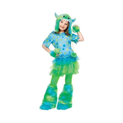 Disfraz Miss Monstruo para niña, vestido celeste con lunares verdes, falda de tul, capucha de monstruo y cubrepiernas peludos