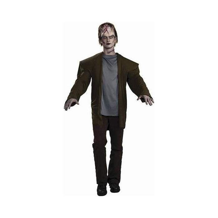 Disfraz de monstruo con cabeza gigante para adulto, chaqueta verde oliva con polera gris y pieza alta con costuras en la cabeza