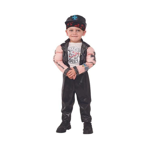 Disfraz de motociclista para niño pequeño, traje negro con chaleco, brazos de músculos tatuados, estampado Biker Baby y gorro