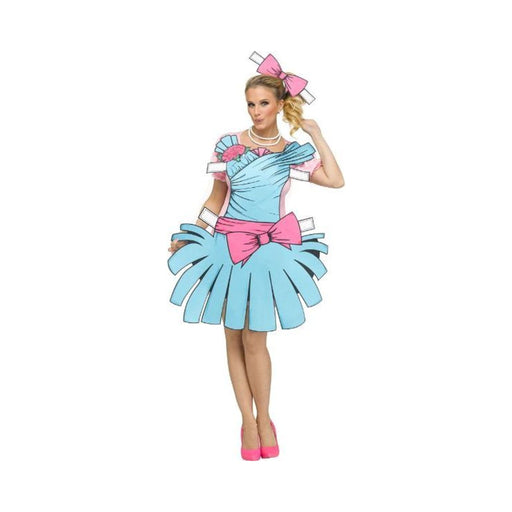 Disfraz Muñeca de Papel para mujer, vestido celeste estilo recortable con pestañas blancas, moño rosado y cintillo