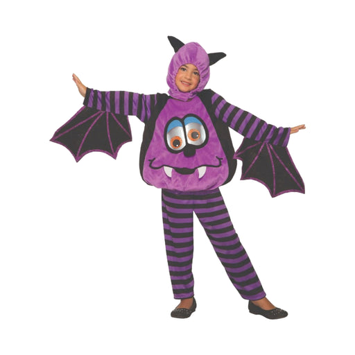 Disfraz de murciélago morado para niño con ojos locos, capucha con orejas y alas