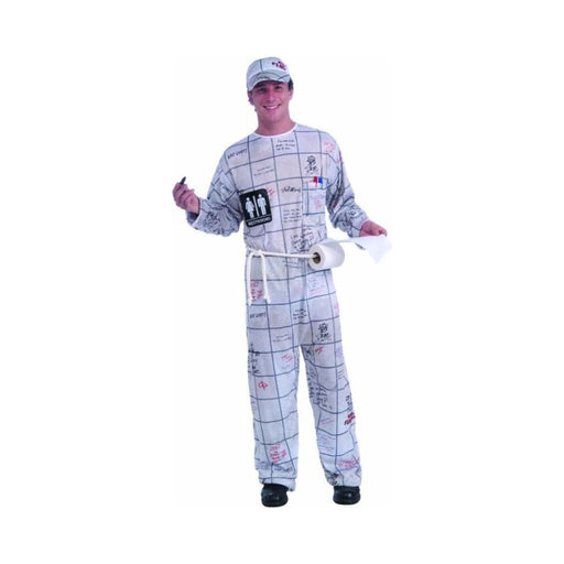 Disfraz de muro de baño para hombre, traje gris claro con azulejos, grafitis y letrero de baños, con gorro a juego