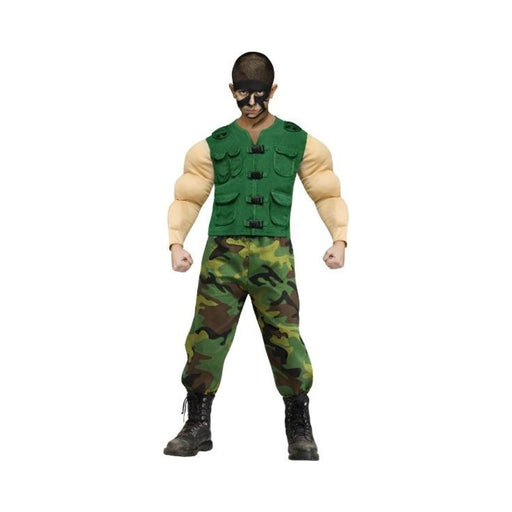 Disfraz musculoso de la jungla para niño con brazos musculosos, chaleco verde con bolsillos y pantalón camuflado
