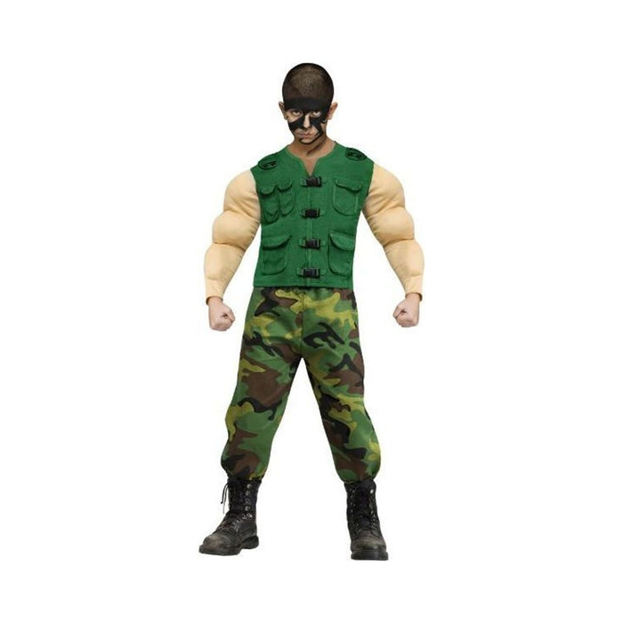 Disfraz musculoso de la jungla para niño con brazos musculosos, chaleco verde con bolsillos y pantalón camuflado