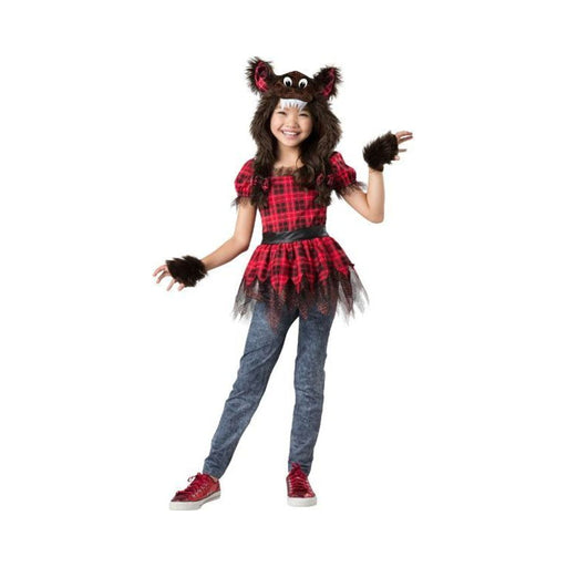 Disfraz de niña lobo con vestido escocés rojo, falda de tul negro y capucha de lobo con orejas