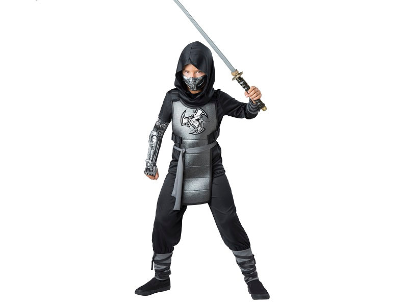 Disfraz de ninja combate para niño, traje negro con estampado de armadura gris, capucha y máscara