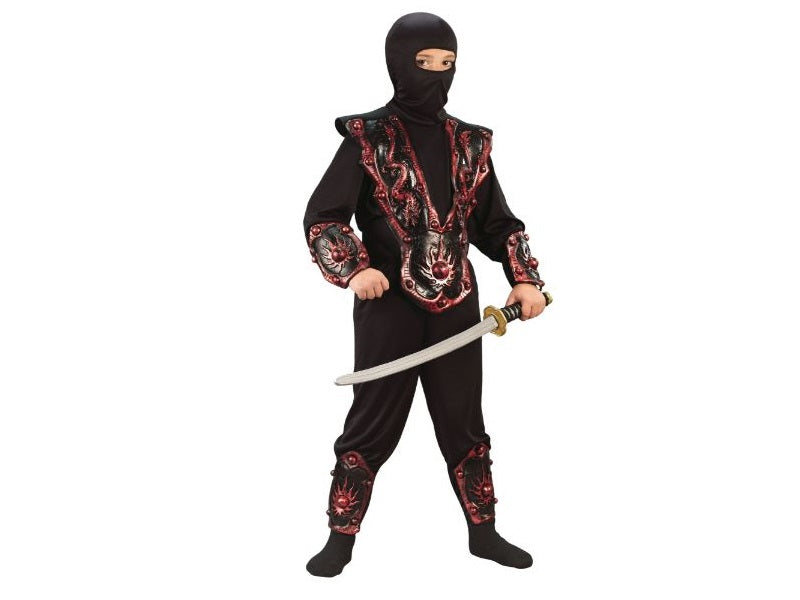Disfraz ninja negro con armadura roja 3D para niño, con capucha, muñequeras y canilleras
