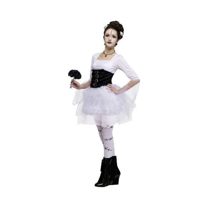 Disfraz de novia de Halloween juvenil, vestido blanco con falda de tul y corset negro con hebillas