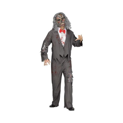Disfraz novio zombie para hombre, traje gris rasgado con manchas de sangre, humita roja y máscara