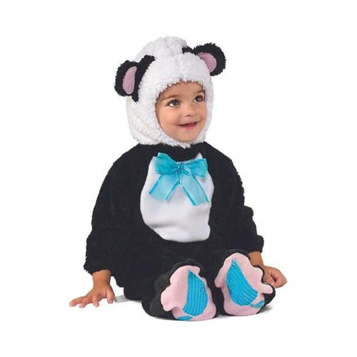 Disfraz de osito panda para bebé, enterito negro y blanco con humita celeste y capucha con orejas