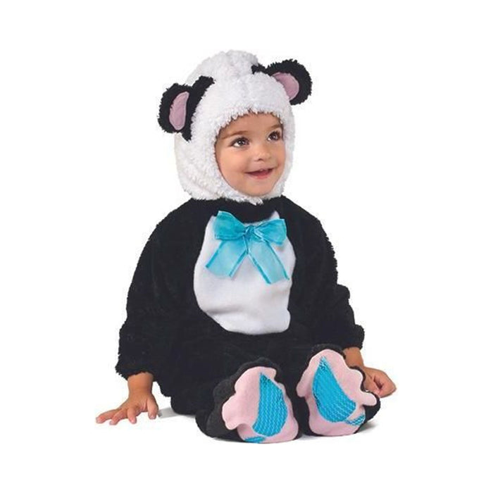Disfraz de osito panda para bebé, enterito negro y blanco con humita celeste y capucha con orejas
