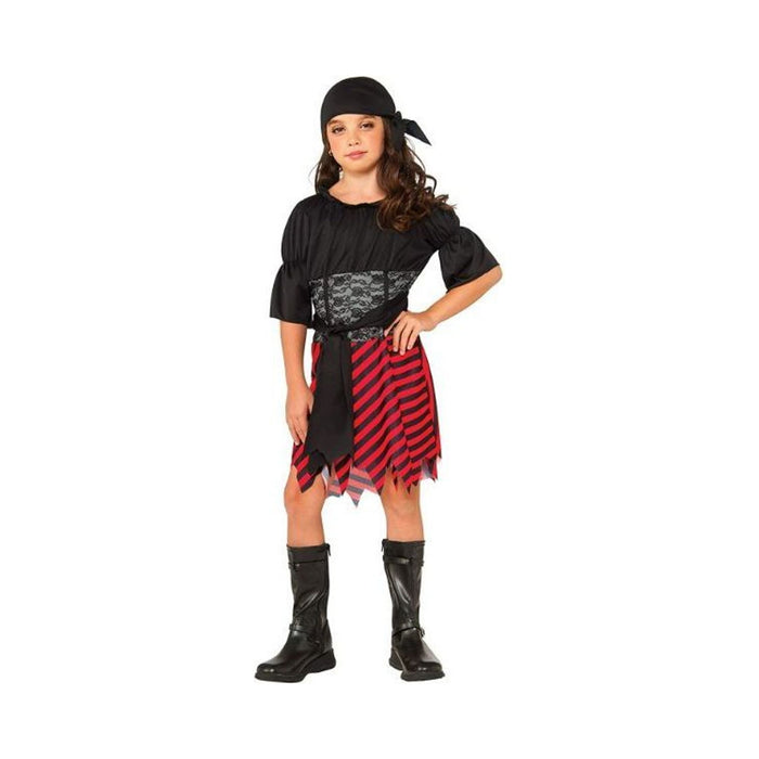 Disfraz de pirata para niña, polera negra, falda a rayas rojas y negras y pañuelo negro