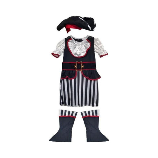 Disfraz de pirata para niña, vestido negro y blanco a rayas, sombrero y cubrebotas