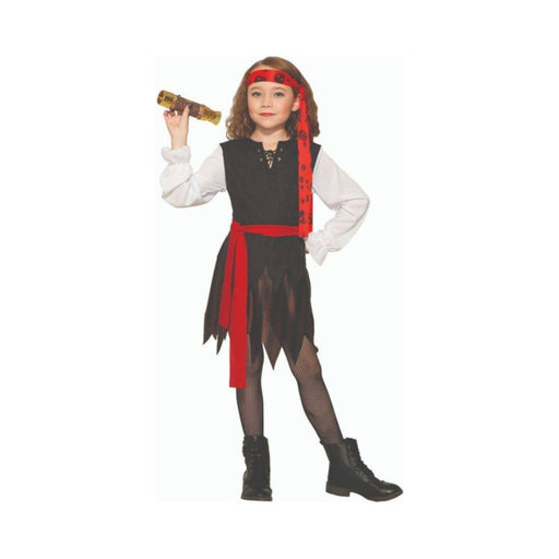 Disfraz pirata para niña, camisa blanca, vestido negro en puntas, pañuelo rojo en la cabeza y faja roja