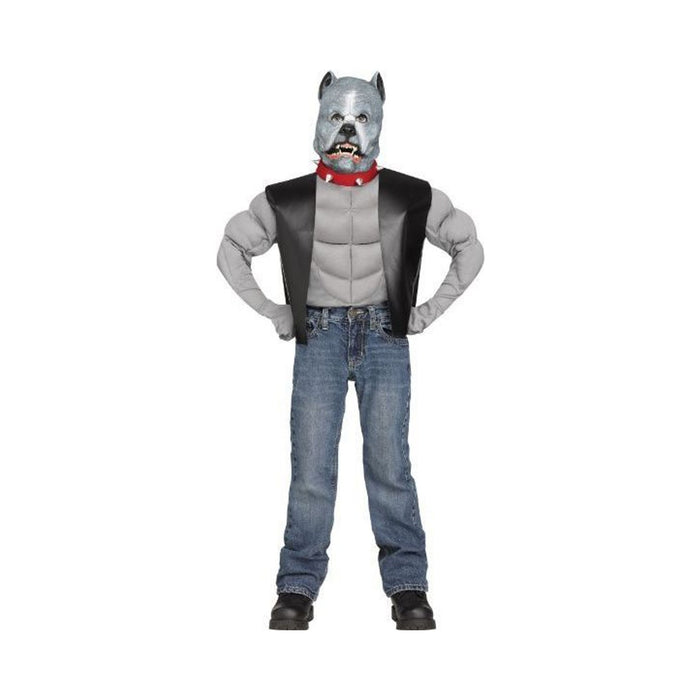 Disfraz de pit bull motoquero para niño, máscara de perro gris con collar rojo, polera musculosa gris y chaleco negro