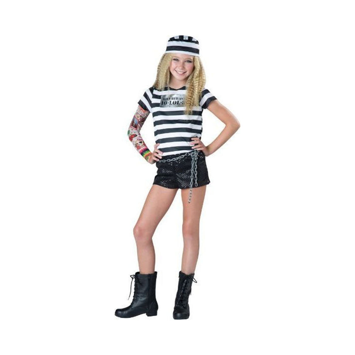 Disfraz Presa Cutie para niña con polera a rayas blanca y negra, gorro, manga tatuada, cinturón de cadena y short negro