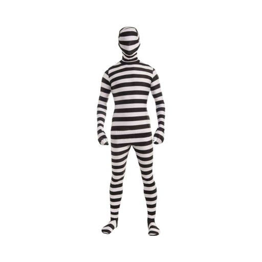 Traje pegado de cuerpo completo a rayas blancas y negras, disfraz de preso
