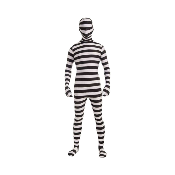 Traje pegado de cuerpo completo a rayas blancas y negras, disfraz de preso