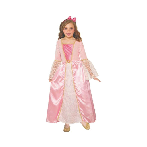 Niña con disfraz de princesa rosada, vestido largo con ribete dorado, mangas de encaje y moño en el pelo
