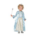 Niña con disfraz de princesa, vestido largo celeste con frente color crema