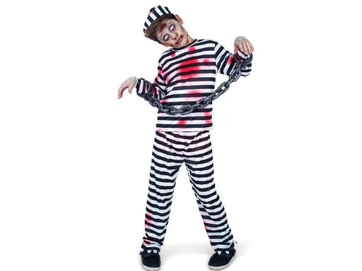 Disfraz de prisionero zombie para niño, polera y pantalón a rayas blanco y negro con gorro